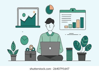 Illustration of a person sitting cross-legged with a laptop, surrounded by charts, graphs, plants, and a briefcase with gears.