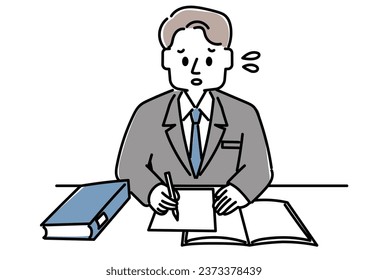 Illustration of a person sitting at a desk and working (male, failure, disappointment)