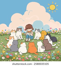 An illustration of a person sitting in a flower-filled field surrounded by attentive cats under a sunny sky, creating a peaceful and heartwarming atmosphere