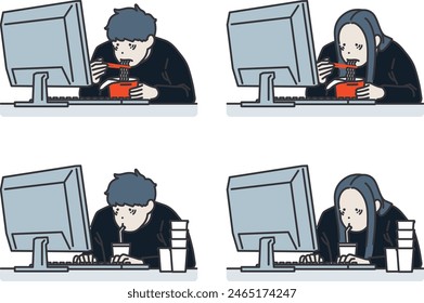 Ilustración de una persona sentada frente a una computadora comiendo ramen y café