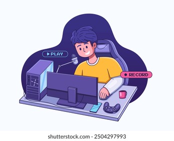 Illustration of a person sitting in front of a computer, enjoying a game and using a microphone to communicate with other players.
Perfect for landing page, apps, web, infographic, social media, etc