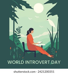 illustration of a person sitting on a bench in a park. WORLD INTROVERT DAY