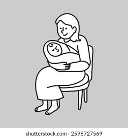 Illustration of a person sitting on a chair, holding a baby. The person is smiling, and the baby is wrapped in a blanket. Simple black and white line art. Doodle illustration vector.