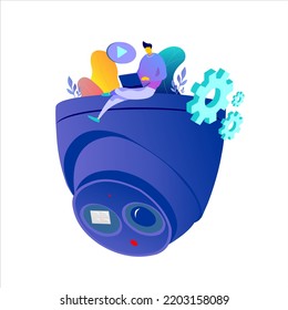 illustration of a person sitting on an indoor cctv who is monitoring and setting cctv remotely