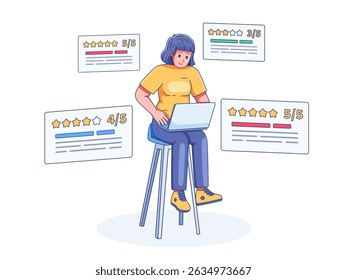 Illustration of a person sitting on a stool while using a laptop to read various customer reviews and ratings. 
Around the person, several review panels and star ratings are displayed
