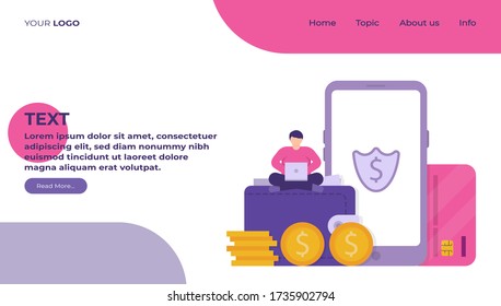 illustration of a person sitting on a wallet, next to a smartphone and ATM card. the concept of e-payment, e-wallet, mobile financial applications. flat design. can be used for elements, landing pages