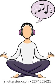 Illustration of Person in Sitting Position Doing Yoga Relaxing with Headphones and Speech Bubble with Musical Notes