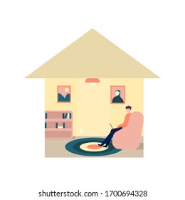 illustration of a person sitting while using a laptop in the house. the concept of working at home or working from home. flat design. can be used for elements, landing pages, UI.