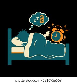 Illustration of a person sleeping in bed while an alarm clock rings and a thought bubble shows a padlock.