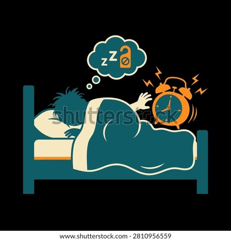 Illustration of a person sleeping in bed while an alarm clock rings and a thought bubble shows a padlock.