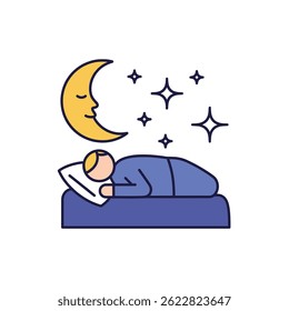 Illustration of a person sleeping peacefully under a night sky with moon and stars concept for rest relaxation