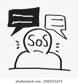 Illustration of a person with 'SOS' on their face, surrounded by speech bubbles. Simple, black and white drawing conveying a message of help or distress. Fun doodle illustration vector.