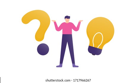 illustration of a person standing between a question mark symbol and a light bulb. concept Frequently asked questions or FAQs, question marks around people, online support center. flat design.