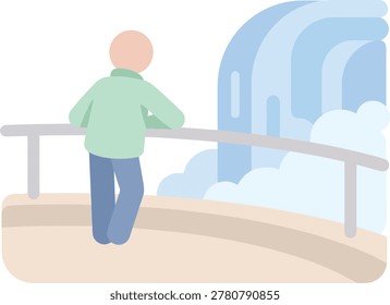 Illustration of a person standing by a railing near a waterfall.