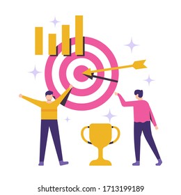 illustration of a person standing near a trophy, arrow board, and chart. the concept of teamwork, achieving targets, striving for success. flat design. can be used for elements, landing pages, UI.