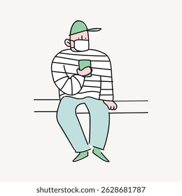 Illustration of a person in a striped shirt and cap, holding a phone. The person is wearing a mask, sitting casually. Minimalist and modern style. Person, character illustration vector.