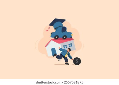 Illustration of a person struggling to carry a house, car, and graduation cap, symbolizing financial burdens like debt, education, and property ownership with a colorful, dynamic style.