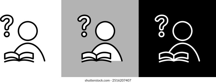 Ilustración de una persona estudiando y un signo de interrogación. Icono de Vector de dibujo de línea simple.