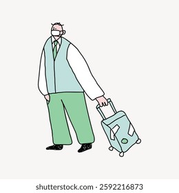 Illustration of a person with a suitcase. The person wears a vest and tie, holding a suitcase. Simple, minimalist design with a suitcase theme. Vector illustration.