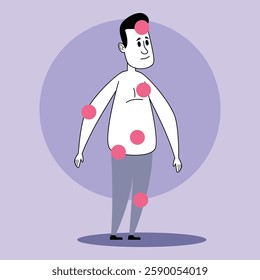 Illustration of person surrounded by marks indicating various health symptoms. Body areas related to health concerns concept