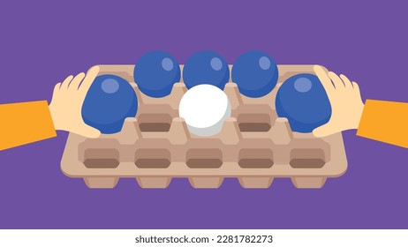 Illustration of a person taking balls from an egg box on a purple background