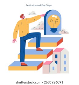 Illustration of a person taking first steps towards realization, symbolized by a stairway leading to a light bulb. The image embodies ambition, innovation, and the journey of personal growth. Vector