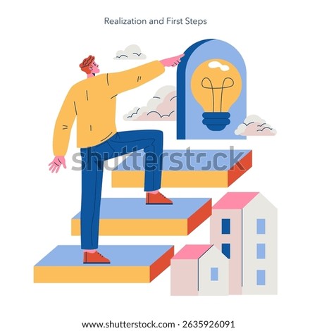 Illustration of a person taking first steps towards realization, symbolized by a stairway leading to a light bulb. The image embodies ambition, innovation, and the journey of personal growth. Vector
