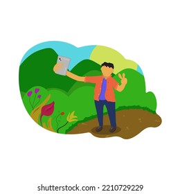 Illustration of a person taking a selfie with his favorite cellphone in a garden filled with plants and sunny weather