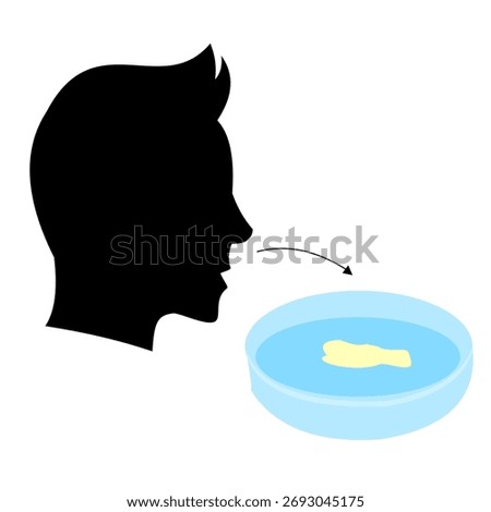 Illustration of a person taking a sputum test sample into a container, for diagnosing lung-related diseases, flat art design style.
