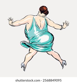 Illustration of a person in a teal dress dancing energetically. The figure is dynamic, with a focus on movement and expression in the teal dress. Vintage illustration isolated on white, vector.