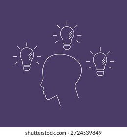 Illustration of a person thinking and getting an idea. Head outline and several idea light bulbs on a dark purple background. Vector illustration.
