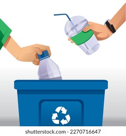 illustration of a person throwing garbage in a blue trash can. Vector