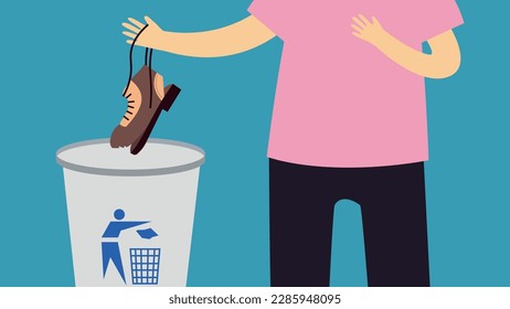 Illustration of a person throwing a shoe into a trash can.