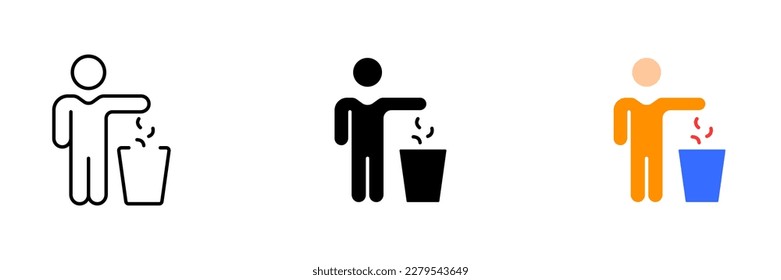 An illustration of a person throwing trash into a bin, representing proper waste disposal and environmental responsibility. Vector set of icons in line, black and colorful styles isolated.