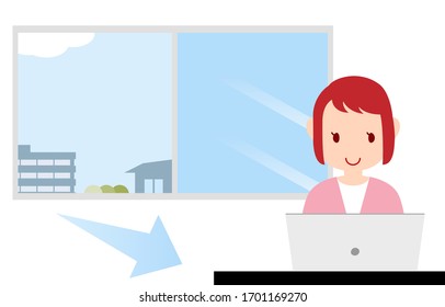 Illustration of a person touching a personal computer while ventilating the room