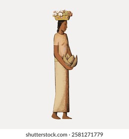 Illustration of a person in traditional attire, carrying a basket on their head and holding items. Traditional dress, basket, carrying, illustration. Vintage woman illustration isolated, vector.