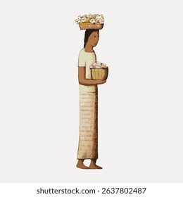 Illustration of a person in traditional attire carrying baskets of flowers. The person is wearing a long dress and balancing a basket on their head. Vintage art illustration vector.