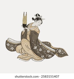 Illustration of a person in traditional Japanese attire, holding a musical instrument. The artwork features intricate patterns and a serene expression. Vintage woman illustration isolated, vector.