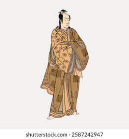 Illustration of a person in traditional Japanese attire, wearing a patterned kimono. The kimono features floral designs, emphasizing cultural attire. Vintage Japanese illustration vector.