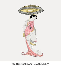 Illustration of a person in traditional Japanese attire holding a parasol. The kimono features intricate patterns, reflecting cultural elegance and grace. Vintage art painting vector.