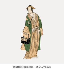 Illustration of a person in traditional Japanese attire, wearing a kimono and hat, holding a basket. Traditional Japanese clothing and culture depicted. Vintage illustration isolated on white, vector.