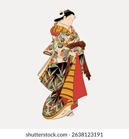 Illustration of a person in traditional Japanese attire, featuring a colorful kimono with floral patterns. The artwork highlights cultural and historical elements. Vintage character vector.