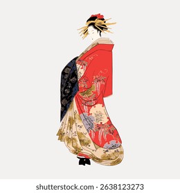 Illustration of a person in traditional Japanese attire, wearing a detailed kimono with vibrant patterns. The artwork reflects Japanese cultural elements. Vintage character art illustration vector.