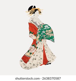Illustration of a person in traditional Japanese attire, featuring a colorful kimono with floral and dragon patterns, showcasing cultural elegance and style. Vintage character art illustration vector.