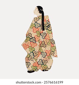 Illustration of a person in a traditional kimono with colorful patterns. The kimono features intricate designs, showcasing cultural attire and artistic style. Isolated vintage vector element.