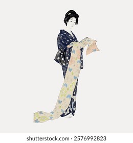 Illustration of a person in a traditional kimono, holding a floral fabric. The kimono features a dark, starry pattern. The fabric is light with colorful flowers. Vintage vector element.