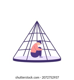 illustration of a person trapped or confined in a cage. stuck in a comfort zone. shut himself. anti-social. mental disorders. flat cartoon style. vector design