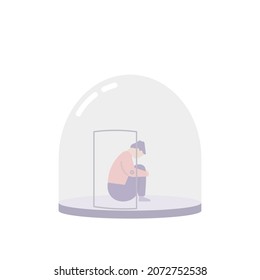 illustration of a person trapped or confined in a glass tube. stuck in a comfort zone. shut himself. anti-social. mental disorders. flat cartoon style. vector design