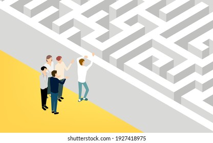 Illustration of a person trying to cross a wall and enter a maze, isometric