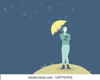 Illustration of a person with an umbrella, standing on the small yellow planet, while question marks are falling all around like rain.